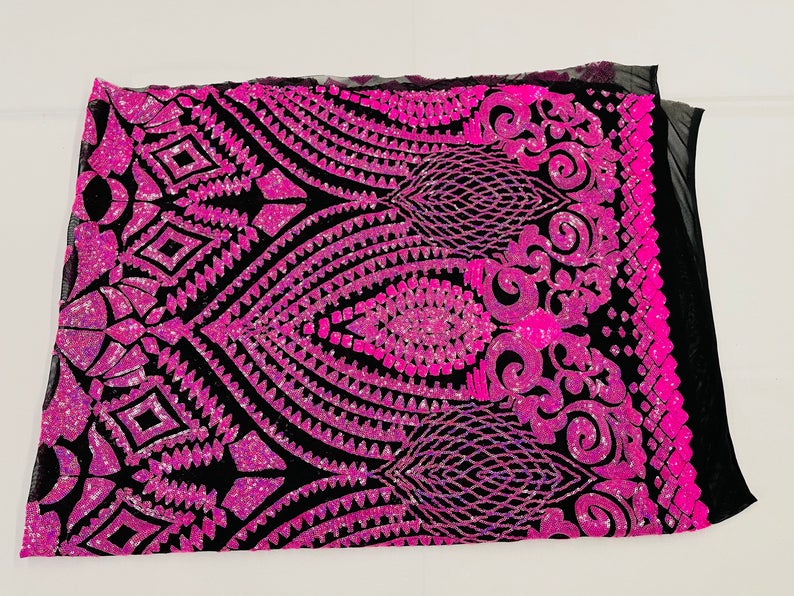 Sample 4”X6” Inch Neon Hot Pink Sequins on Black Mesh Geometric Design, 4 Way Stretch Sequin Fabric-Prom-Gown