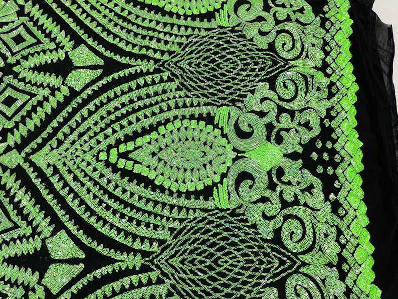 Neon Green Sequins on Black Mesh Geometric Design, 4 Way Stretch Sequin Fabric-Prom-Gown By Yard