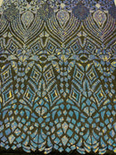 Iridescent Aqua/Blue Sequins on Black Mesh Geometric Design, 4 Way Stretch Sequin Fabric By Yard