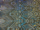 Iridescent Aqua/Blue Sequins on Black Mesh Geometric Design, 4 Way Stretch Sequin Fabric By Yard