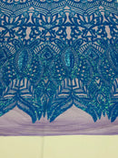 Iridescent Sequin Fabric - Turquoise on Lilac - 4 Way Stretch Royalty Lace Sequin By Yard