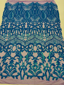 Iridescent Sequin Fabric - Turquoise on Lilac - 4 Way Stretch Royalty Lace Sequin By Yard