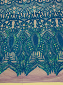 Iridescent Sequin Fabric - Turquoise on Lilac - 4 Way Stretch Royalty Lace Sequin By Yard