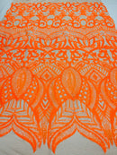 Iridescent Sequin Fabric - Orange on Nude 4 Way Stretch Royalty Lace Sequin By Yard