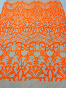 Iridescent Sequin Fabric - Orange on Nude 4 Way Stretch Royalty Lace Sequin By Yard