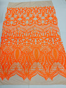 Iridescent Sequin Fabric - Orange on Nude 4 Way Stretch Royalty Lace Sequin By Yard