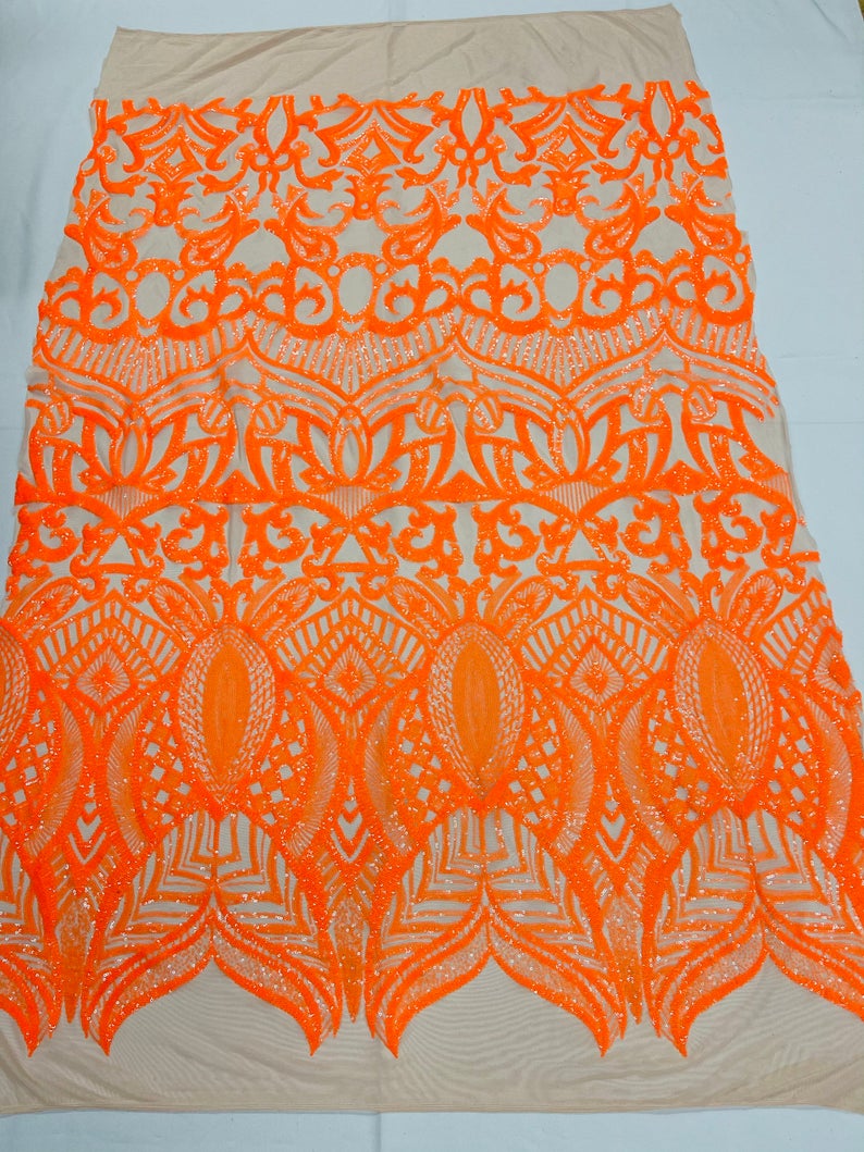 Iridescent Sequin Fabric - Orange on Nude 4 Way Stretch Royalty Lace Sequin By Yard