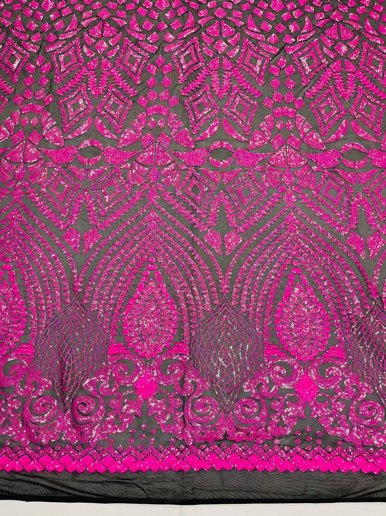 Sample 4”X6” Inch Neon Hot Pink Sequins on Black Mesh Geometric Design, 4 Way Stretch Sequin Fabric-Prom-Gown