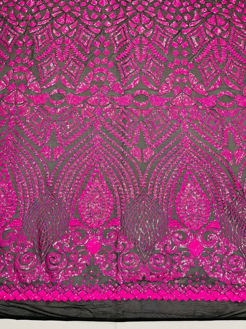 Neon Hot Pink Sequins on Black Mesh Geometric Design, 4 Way Stretch Sequin Fabric-Prom-Gown By Yard