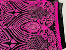 Sample 4”X6” Inch Neon Hot Pink Sequins on Black Mesh Geometric Design, 4 Way Stretch Sequin Fabric-Prom-Gown