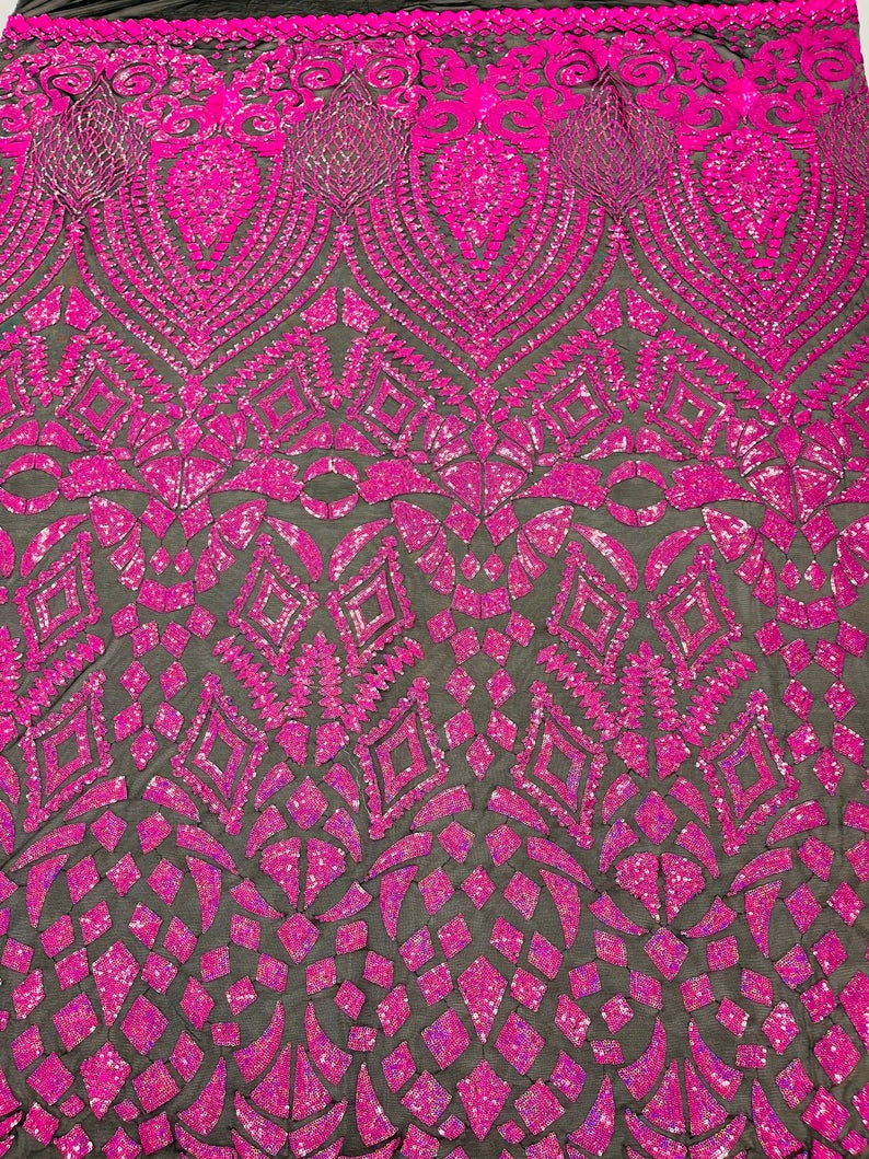 Neon Hot Pink Sequins on Black Mesh Geometric Design, 4 Way Stretch Sequin Fabric-Prom-Gown By Yard