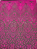 Sample 4”X6” Inch Neon Hot Pink Sequins on Black Mesh Geometric Design, 4 Way Stretch Sequin Fabric-Prom-Gown
