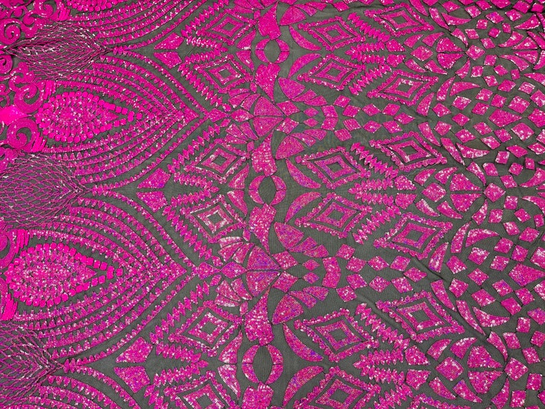 Neon Hot Pink Sequins on Black Mesh Geometric Design, 4 Way Stretch Sequin Fabric-Prom-Gown By Yard