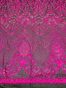 Sample 4”X6” Inch Neon Hot Pink Sequins on Black Mesh Geometric Design, 4 Way Stretch Sequin Fabric-Prom-Gown