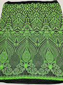 Neon Green Sequins on Black Mesh Geometric Design, 4 Way Stretch Sequin Fabric-Prom-Gown By Yard