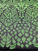 Neon Green Sequins on Black Mesh Geometric Design, 4 Way Stretch Sequin Fabric-Prom-Gown By Yard