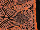 Neon Orange Sequins on Black Mesh Geometric Design, 4 Way Stretch Sequin Fabric-Prom-Gown By Yard