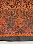 Neon Orange Sequins on Black Mesh Geometric Design, 4 Way Stretch Sequin Fabric-Prom-Gown By Yard