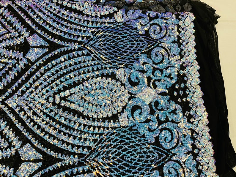 Iridescent Aqua/Blue Sequins on Black Mesh Geometric Design, 4 Way Stretch Sequin Fabric By Yard
