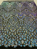 Iridescent Aqua/Blue Sequins on Black Mesh Geometric Design, 4 Way Stretch Sequin Fabric By Yard