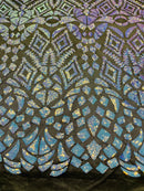 Iridescent Aqua/Blue Sequins on Black Mesh Geometric Design, 4 Way Stretch Sequin Fabric By Yard