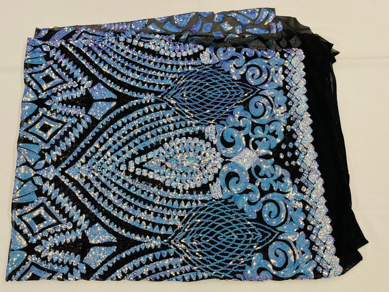 Iridescent Aqua/Blue Sequins on Black Mesh Geometric Design, 4 Way Stretch Sequin Fabric By Yard
