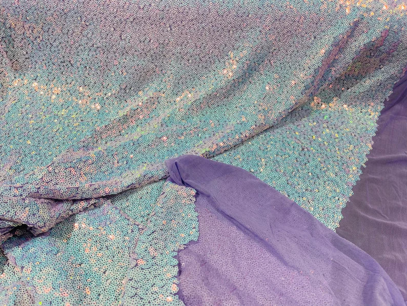 Mini Glitz Sequins - Iridescent Unicorn - Mini Sequins on Lilac 4 Way Stretch Lace Mesh Fabric