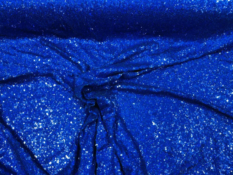 Mini Glitz Sequins - Holographic Royal Blue - Mini Sequins on 4 Way Stretch Lace Mesh Fabric