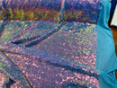 Mini Glitz Sequins - Iridescent Multicolor - Mini Sequins on Blue 4 Way Stretch Lace Mesh Fabric