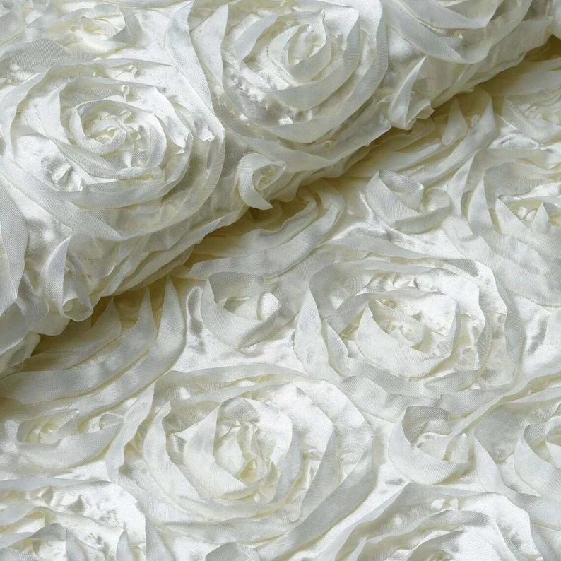 Rosette Fabric - Ivory - 3D Rosette Satin Floral Fabric Sold By Yard