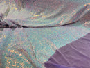 Mini Glitz Sequins - Iridescent Unicorn - Mini Sequins on Lilac 4 Way Stretch Lace Mesh Fabric