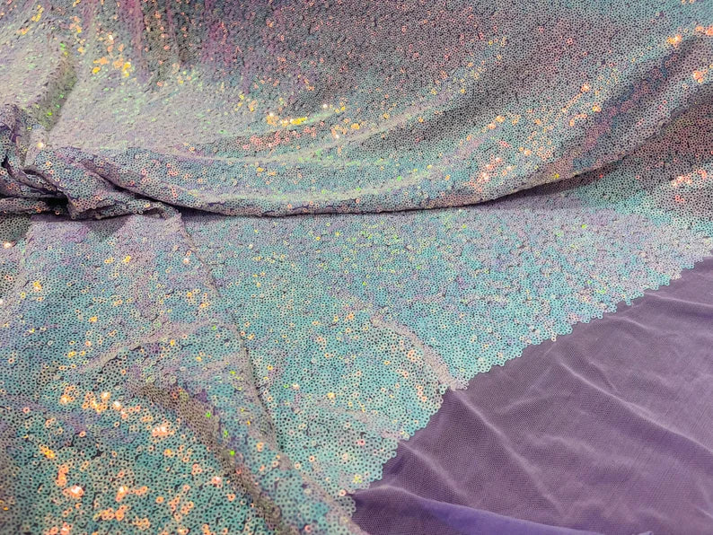 Mini Glitz Sequins - Iridescent Unicorn - Mini Sequins on Lilac 4 Way Stretch Lace Mesh Fabric