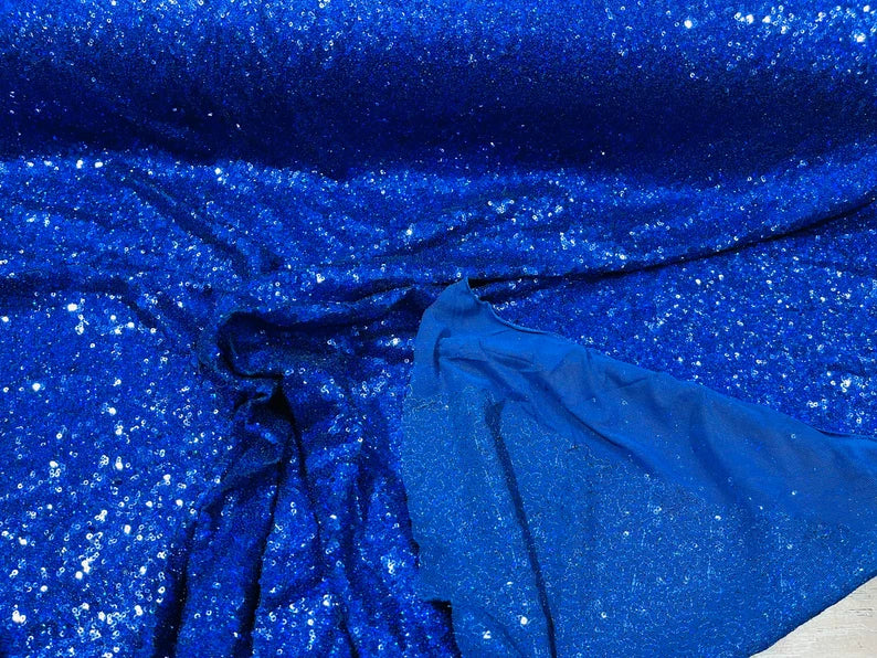 Mini Glitz Sequins - Holographic Royal Blue - Mini Sequins on 4 Way Stretch Lace Mesh Fabric