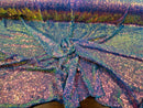 Mini Glitz Sequins - Iridescent Multicolor - Mini Sequins on Blue 4 Way Stretch Lace Mesh Fabric