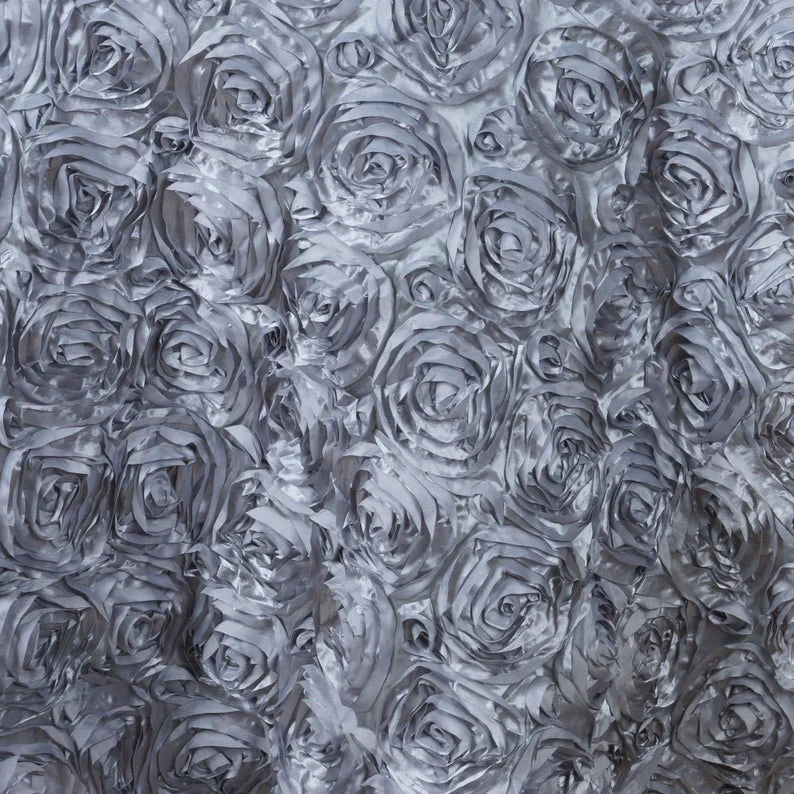 Rosette Fabric - Silver Gray - 3D Rosette Satin Floral Fabric Sold By Yard