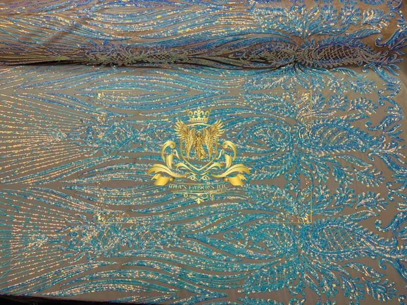 Paisley Lines Sequin Fabric - Iridescent Aqua/Blue - 4 Way Stretch Fancy Fabric By The Yard