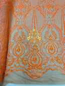 Damask Sequins - Orange - Lace Fabric Design Embroidered on a 4 Way Stretch Mesh