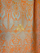 Damask Sequins - Orange - Lace Fabric Design Embroidered on a 4 Way Stretch Mesh