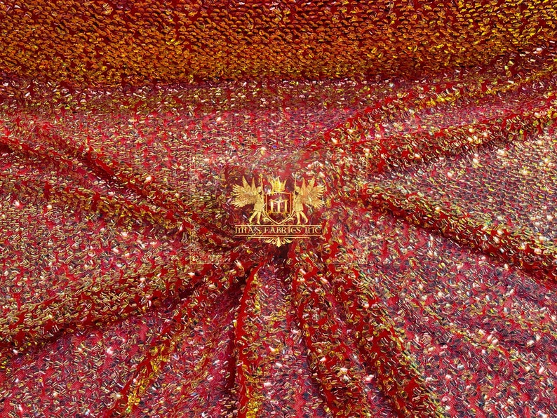 4 Way Stretch Sequin Fabric - Red - Clear Shiny Sequins on Colored Mesh Fabric