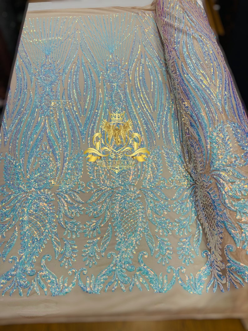 Paisley Lines Sequin Fabric - Iridescent Aqua/Blue - 4 Way Stretch Fan