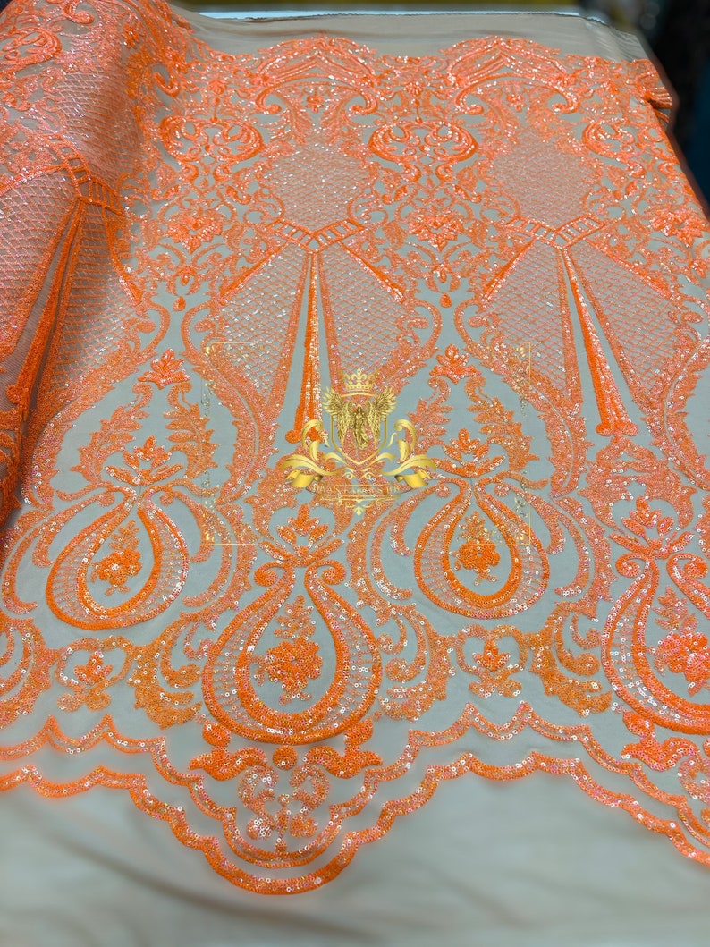 Damask Sequins - Orange - Lace Fabric Design Embroidered on a 4 Way Stretch Mesh