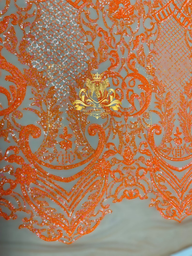 Damask Sequins - Orange - Lace Fabric Design Embroidered on a 4 Way Stretch Mesh