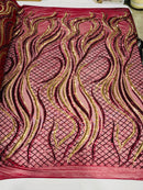 Sequins Fabric - Two Tone Burgundy/Gold - Wavy Lines Geometric Design 4 Way Stretch Sold By Yard