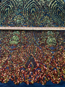 Sequin Damask Design - Orange Iridescent - Black 4 Way Stretch Sequin Fabric on Nude Spandex Mesh By Yard