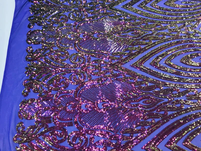 Sequin Damask Design - Purple Iridescent - 4 Way Stretch Sequin Fabric Spandex Mesh By Yard