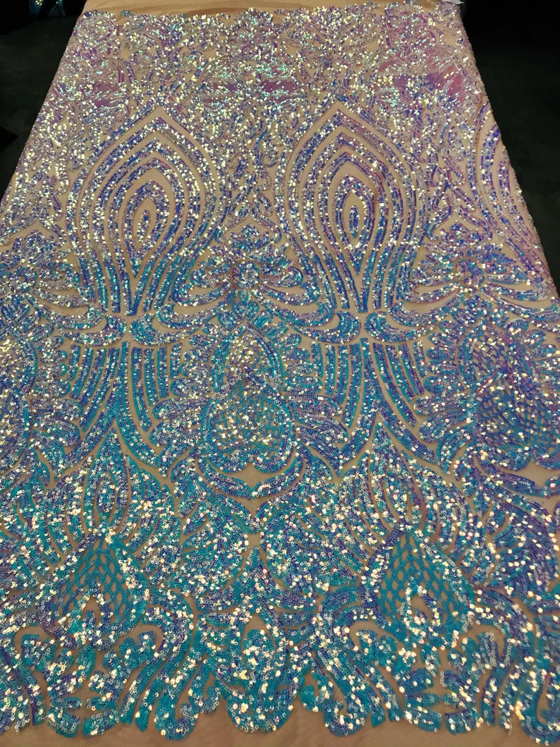 Iridescent Aqua Sequin Fabrics on Blush Mesh, Damask Design 4Way Stretch Embroidery With Sequin on a Mesh-Prom-Gown By The Yard