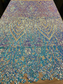 Iridescent Aqua Sequin Fabrics on Blush Mesh, Damask Design 4Way Stretch Embroidery With Sequin on a Mesh-Prom-Gown By The Yard