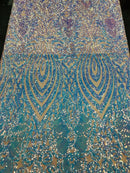 Iridescent Aqua Sequin Fabrics on Blush Mesh, Damask Design 4Way Stretch Embroidery With Sequin on a Mesh-Prom-Gown By The Yard