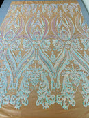 Iridescent Sequins Fabric on Mesh - by the yard - Damask Design 4 Way Stretch Sequin Fabric