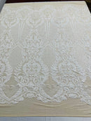 Damask Stretch Sequin - White - Designer Damask Fabric on 4 Way Stretch Mesh Yard